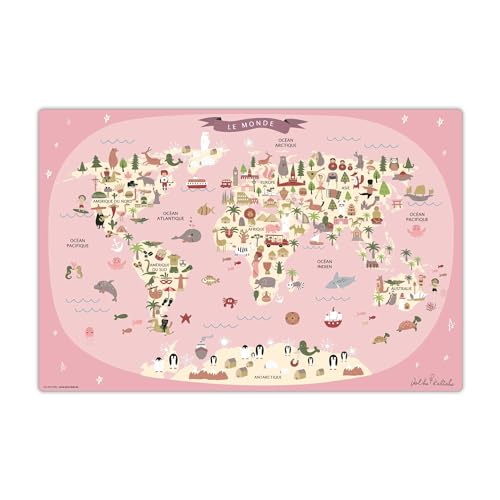 Schreibtischunterlage abwischbar für Kinder – Weltkarte in rosa mit Tieren auf französisch – 60 x 40 cm – aus hochwertigem Vinyl