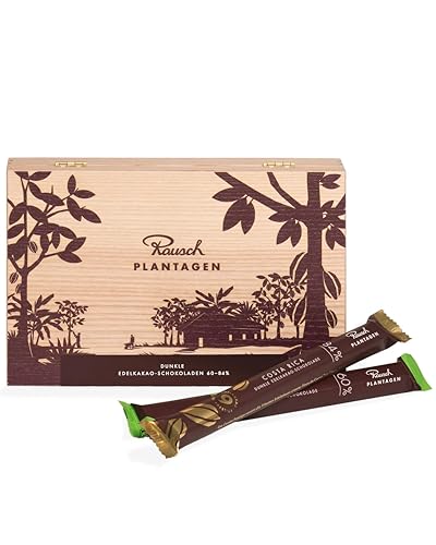 Rausch Plantagen Holz Schatulle – Holz Schachtel gefüllt mit 12 Sticks dunkler Edelschokolade – Schokolade aus aller Welt – Schokoladen Geschenkset