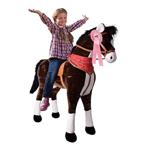 TE-Trend Pferde Spielzeug Schaukelpferd Pferd zum draufsitzen Stehpferd mit Reitpferd Zubehör Turnierschleife Spielpferd zum Reiten als Mädchen Geschenk mit 112cm Kopfhöhe Dunkelbraun