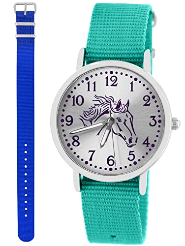 Pacific Time Kinder Armbanduhr Mädchen Junge Pferd Motivuhr Kinderuhr Set 2 Textil Armband türkis + royal blau analog Quarz 10351