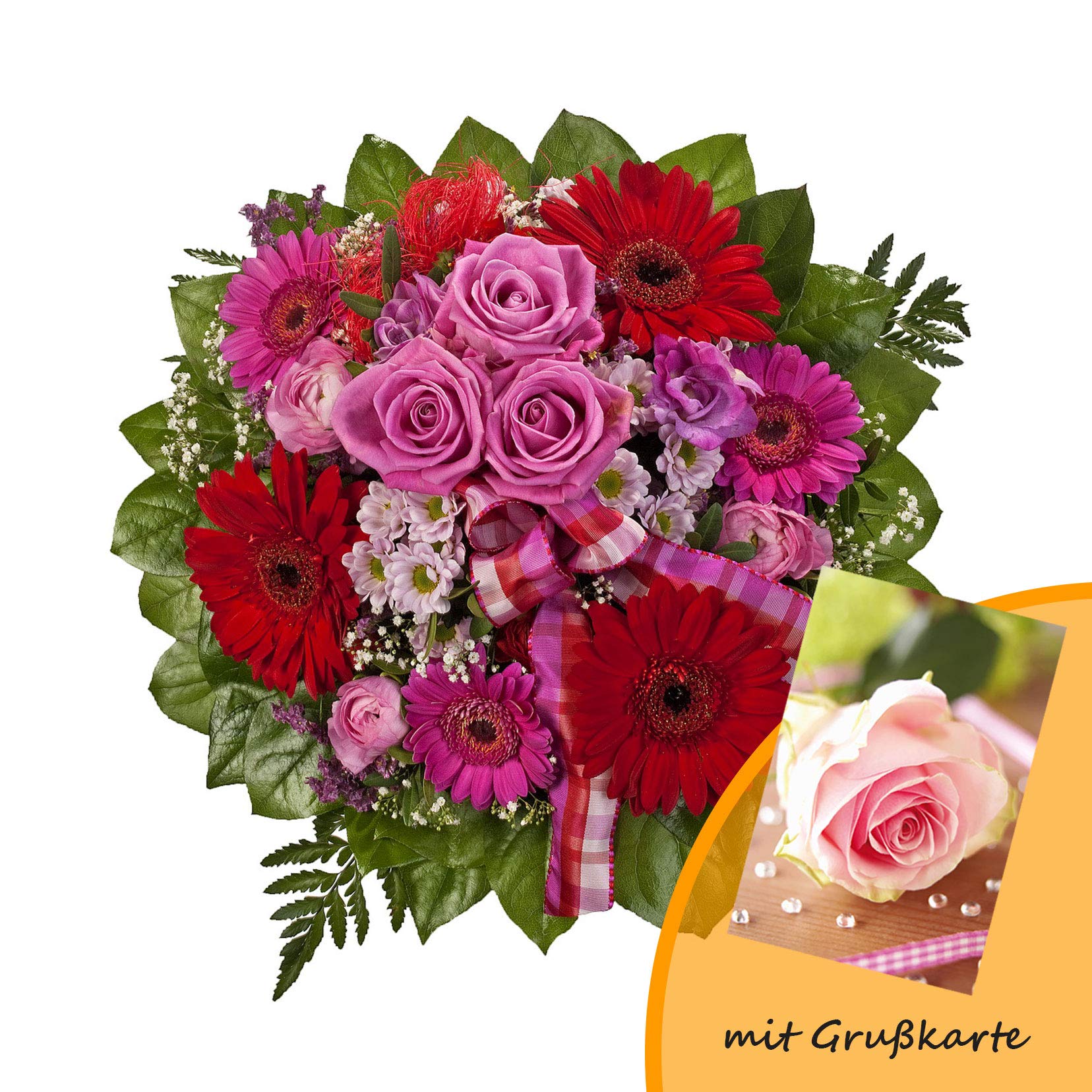 Dominik Blumen und Pflanzen, Blumenstrauß "Falling in Love" mit Rosen, Gerbera und Freesien und Grußkarte "Rosen"