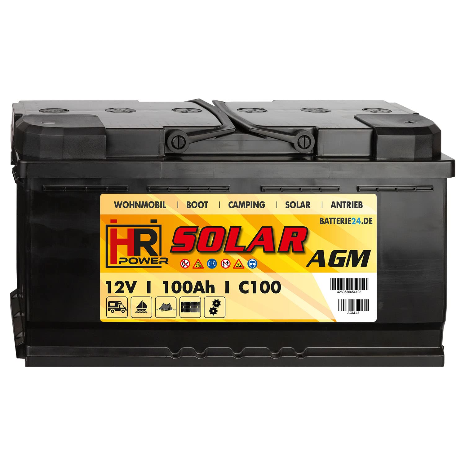 HR Solar AGM | 12V 100Ah Versorungsbatterie als Wohnmobilbatterie Bootsbatterie Solarbatterie Wohnwagenbatterie VRLA Vliesbatterie