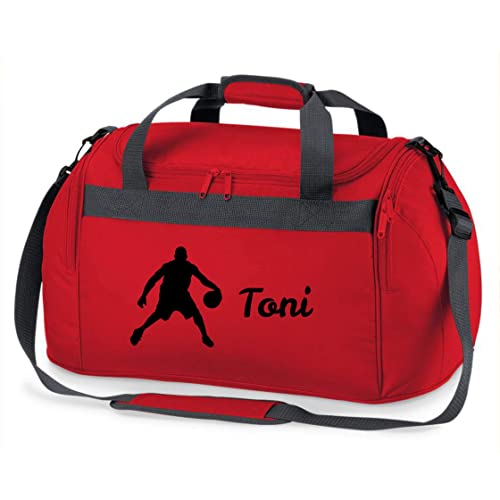 Sporttasche mit Namen Bedruckt für Kinder | Personalisierbar mit Motiv Basketball Spieler | Reisetasche Duffle Bag für Jungen Mädchen Sport (rot)