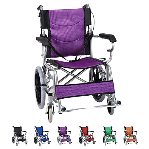 Kleiner Rollstuhl für die Wohnung, Rollstuhl Faltbar Leicht Reiserollstuhl, Rollstühle für Behinderte und Senioren, Klappbare Rückenlehne, Trommelbremse, Stahl, Sitzbreite 40 cm,Lila