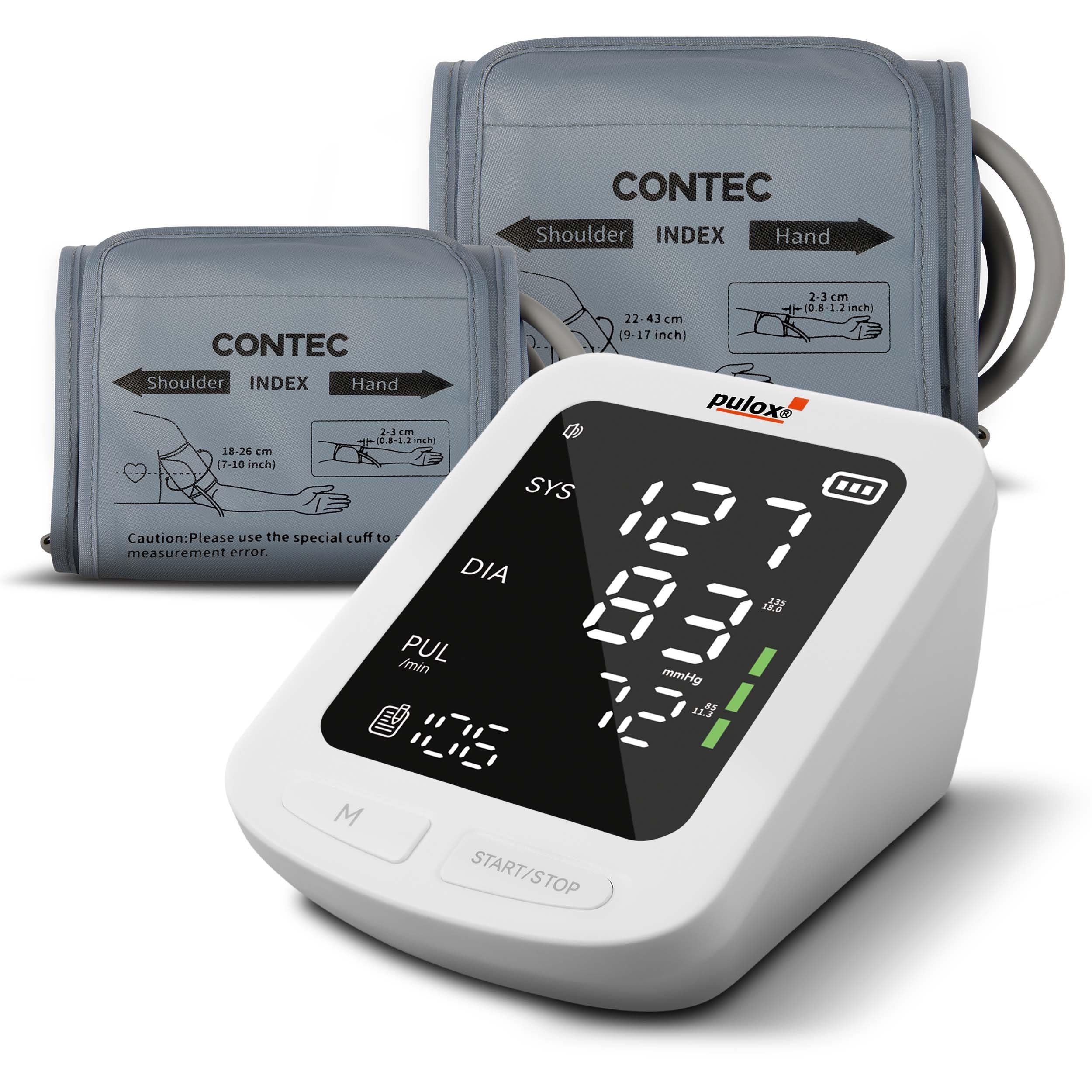 Pulox BP-100 Oberarm-Blutdruckmessgerät inkl. 2 Manschetten - Vollautomatische Messung mit Speicherfunktion für 199 Messwerte