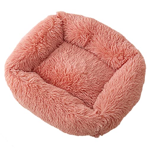 Beruhigendes Hundebett groß waschbar kuschelig Plüsch warm bequem Haustierbett rechteckig weich tiefer Schlaf Hundebett für kleine mittel große große Hunde (L, 80 x 70 x 18 cm, Rosa 1)