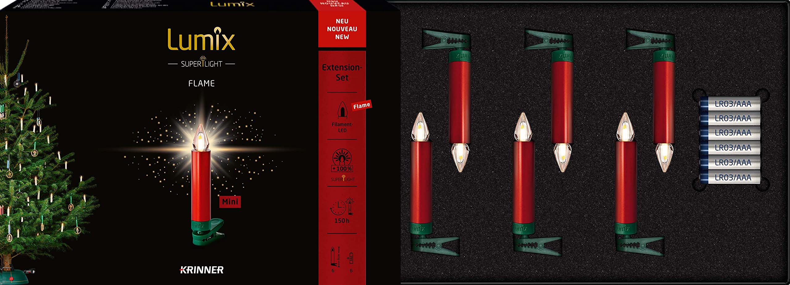 Lumix® kabellose LED Christbaumkerzen Weihnachtsbaumkerzen 6er Erweiterungs-Set SuperLight Flame Metallic Mini Rot 9cm warmweiß 77156