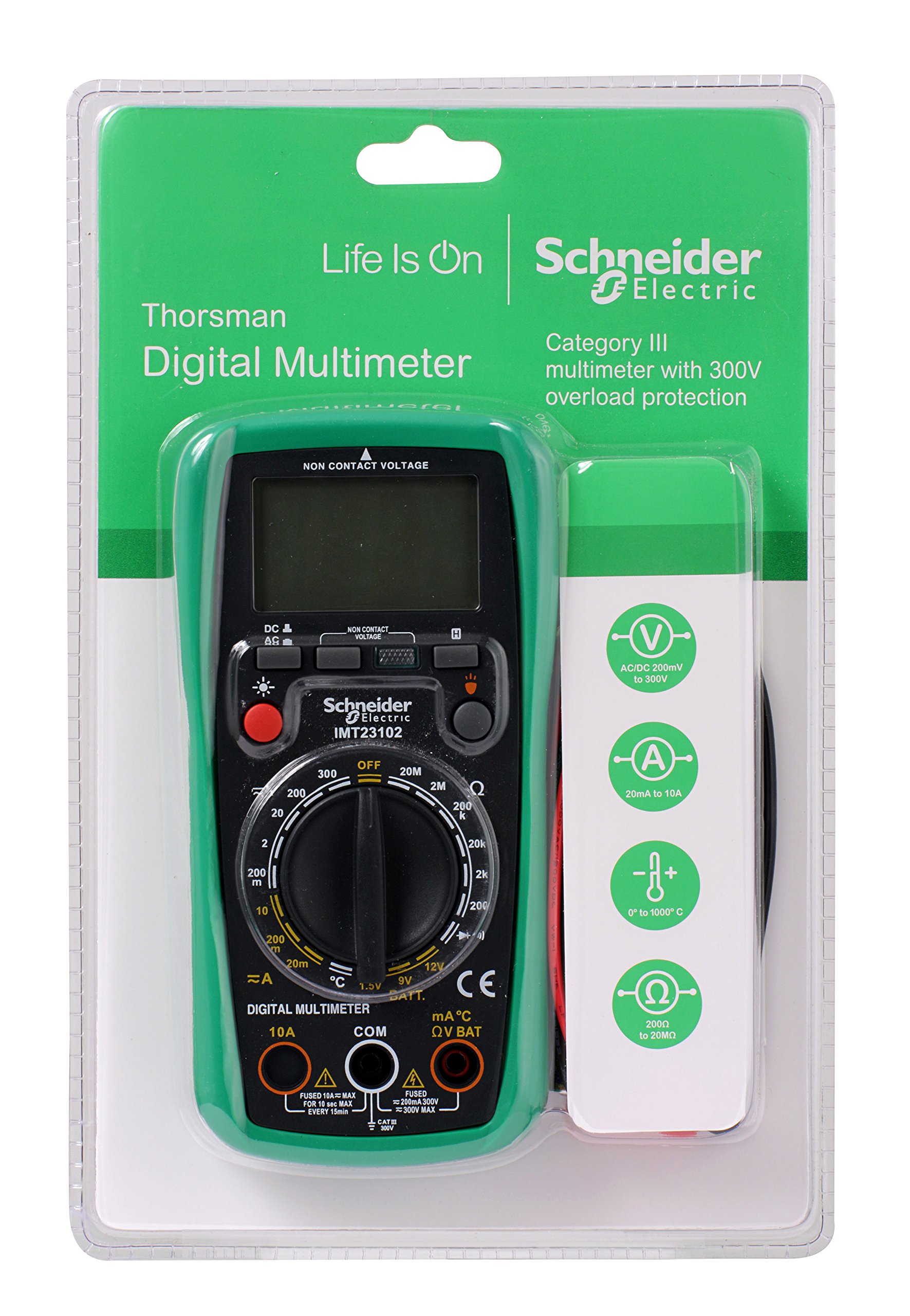 Schneider Electric - Thorsman Digitalmultimeter, Präzise Messungen von Spannung, Strom, Widerstand, Batteriestand und Temperatur mit beleuchtetem LCD-Display - Batterie 9 V, 300 V, IMT23202