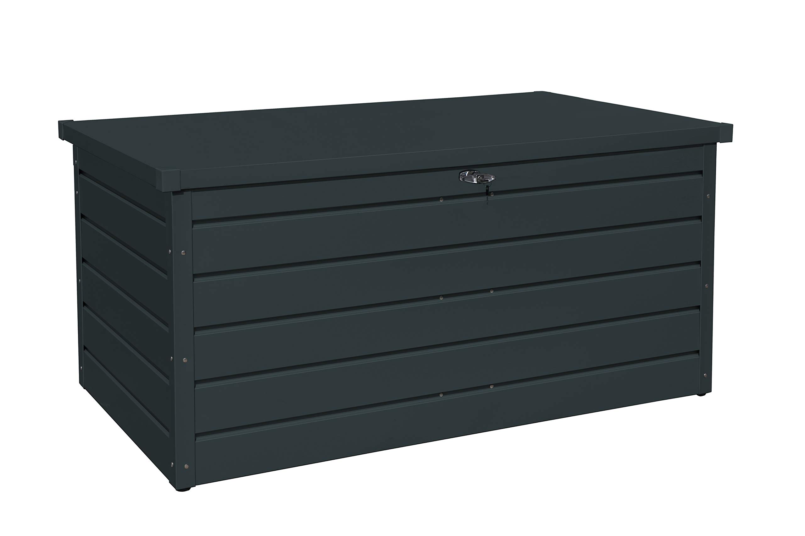 Duramax Palladium Kissenbox aus Metall groß (865 L) mit hydraulischer Gasdruckfeder und abschließbarem Griff mit Schlüssel, Terrassenbox und Gartenmöbelaufbewahrung, Anthrazit