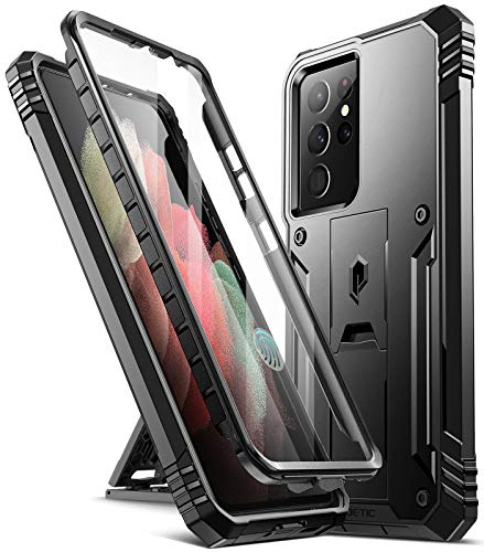 Poetic Revolution Hülle für Samsung Galaxy S21 Ultra 5G 6,8 Zoll, integrierter Displayschutz funktioniert mit Fingerabdruck-ID, Ganzkörper-robuste, stoßfeste Schutzhülle mit Ständer, Schwarz