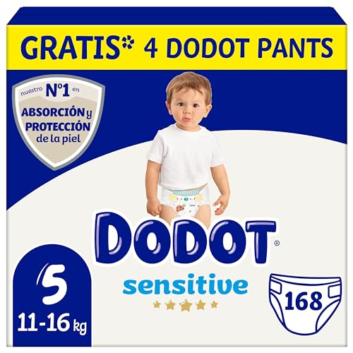 Dodot Sensitive Babywindel, Größe 5 (11-16 kg), 168 Windeln + 1 Pack mit 48 kostenlosen Tüchern, optimaler Schutz der Haut von Dodot, monatlich