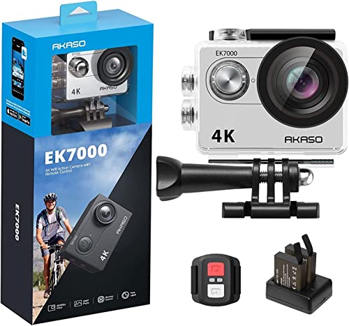 AKASO Action Cam EK7000 4K30FPS Action Kamera 170° Weitwinkel HD Unterwasserkamera 20MP WiFi wasserdichte Sport Kamera 2 Zoll LCD Bildschirm mit 2 Batterien (Silber)