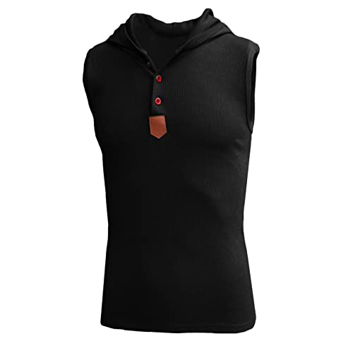 Zylione Men 's Fashion Casual Button Hooded Vest Top atmungsaktiv Sleeveless elastische Nahaufnahme atmungsaktiv Sommer Casual Tops (Black, XL)