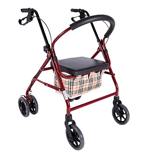 Rolling Walker für ältere Menschen mit Bremsen und Sitz, zusammenklappbarer tragbarer Einkaufswagen mit Tritthilfe für alle Gelände im Freien, höhenverstellbar, rot