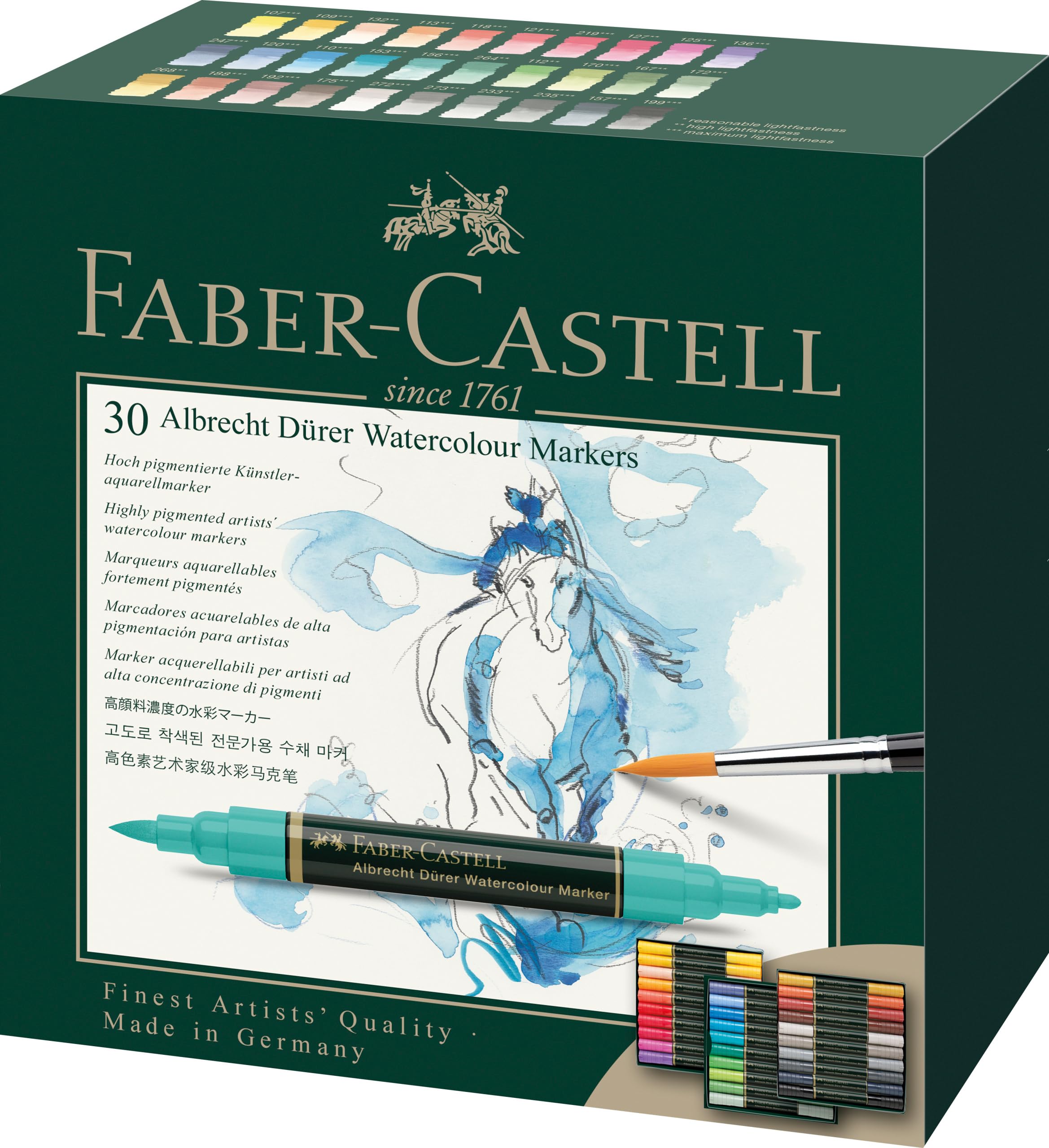 Faber-Castell 160330 Aquarellmarker Albrecht Dürer mit Doppelspitze für flächigen und präzisen Farbauftrag, 30er Etui, bunt