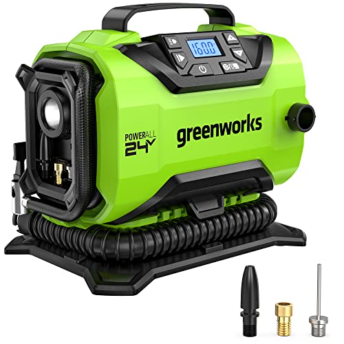 Greenworks 24V Akku-Luftpumpe GD24IN (Li-Ion 24V 160 PSI 11 bar 1100 kPa inklusive Schlauch und diverse Aufsätze mit digitaler Anzeige, LED und automatischem Abschaltsystem ohne Akku und Ladegerät)