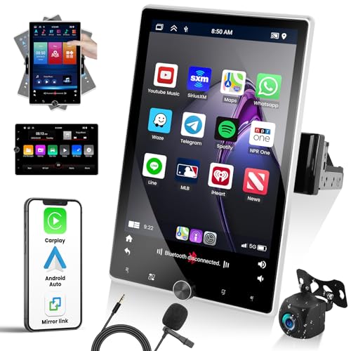 2+64G Neu Android 13 Autoradio 1 Din Mit Wireless Apple Carplay Android Auto, 10,4 Zoll Motorisierter Drehbarer Bildschirm mit Navi Bluetooth GPS FM RDS Mirror Link WiFi SWC USB EQ + Rückfahrkamera