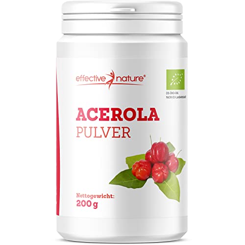 Effective nature Bio Acerola Pulver - Natürliches Vitamin C aus der Acerolakirsche, Hochdosiert, Deckt 167% des Vitamin-C-Bedarfs, Ohne Zusatzstoffe und Rohkostqualität, Schonend getrocknet, 200g