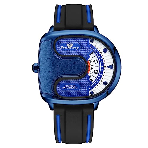 JewelryWe Herrenuhr Silikon Uhren Herren - Blau U-förmig Analog Quarz Armbanduhr mit Silikon Gummi Armband Kein Zeiger Konzeptuhr Lässige Uhr für Männer Junge