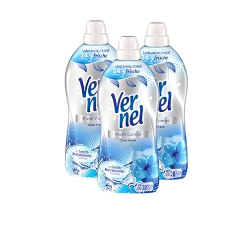 Vernel Fresh Control Cool Fresh Weichspüler (3x64 Waschladungen), Wäscheduft für 24/7 langanhaltende Frische mit Geruchs-Neutralisierungs-Technologie, recycelbare Flasche
