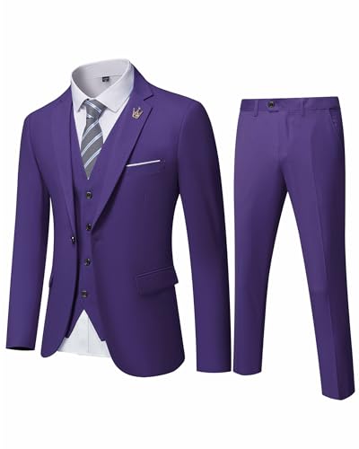 EastSide Herren Slim Fit 3-teiliger Anzug, Ein-Knopf-Blazer-Set, Jacke Weste & Hose, deep purple, S