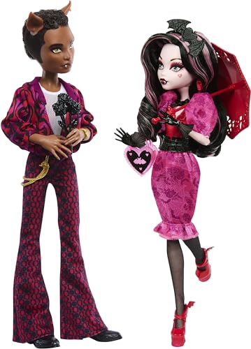 Monster High Puppen, Draculaura und Clawd Wolf Howliday Love Edition Collector Zweierpack mit Puppenständer und ausstellbarer Verpackung