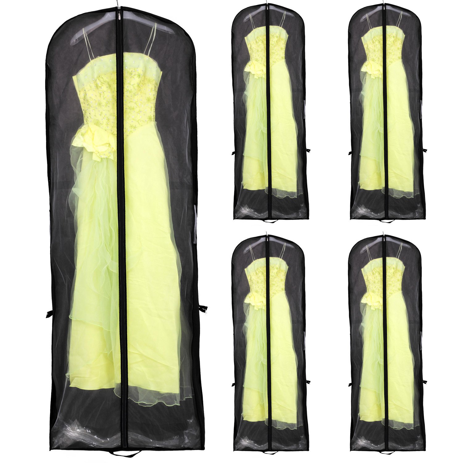 HIMRY [5er Pack Atmungsaktiver Kleidersack Schutzhülle für Brautkleider/Abendkleider/Anzüge/Mäntel, ca. 180 cm - Reissverschluss - Zwei Taschen für Zubehöre, 5X Set, Schwarz, KXB101 Black-5x