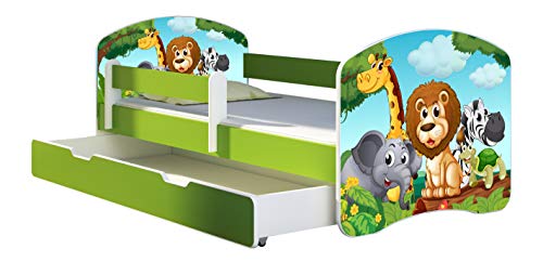 ACMA Kinderbett Jugendbett mit Einer Schublade und Matratze Grün mit Rausfallschutz Lattenrost II 140x70 160x80 180x80 (02 Animals, 180x80 + Bettkasten)