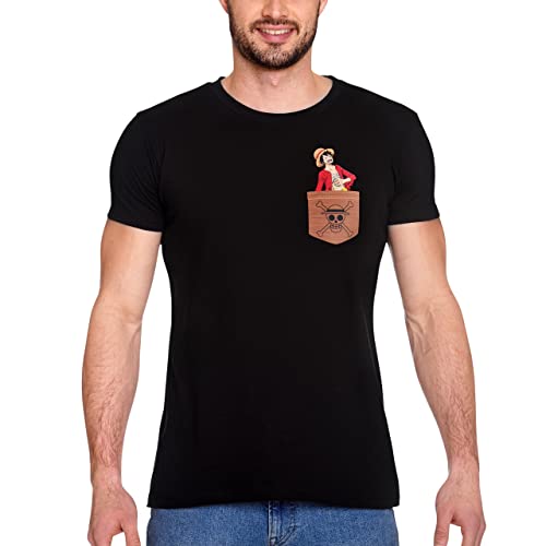 Elbenwald One Piece T-Shirt mit Pocket Ruffy Motiv für Herren Damen Unisex Baumwolle schwarz - XS