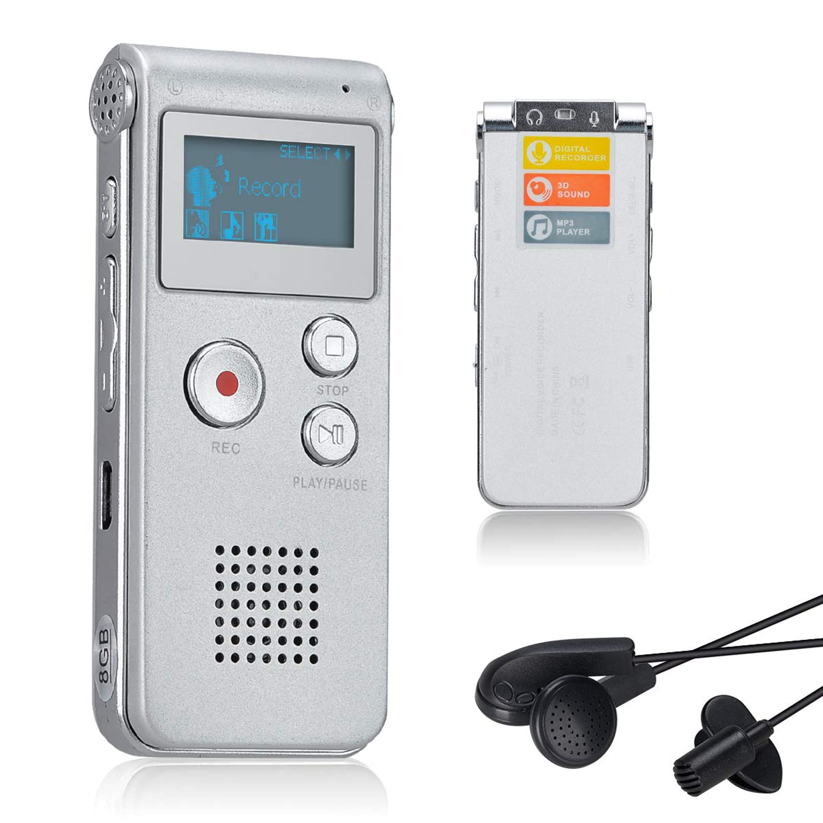 Lychee 8GB LCD Bildschirm Digitales Diktiergerät Aufnahmegerät Sprachaufnahme Audiorekorder Voice Recorder für Studium Konferenzen und Interviews MP3 Player (Silber)