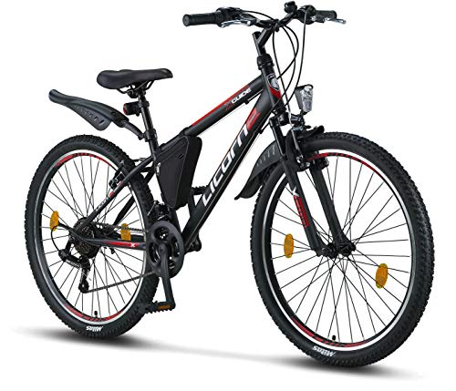 Licorne Bike Guide Premium Mountainbike in 26 Zoll - Fahrrad für Mädchen, Jungen, Herren und Damen - 21 Gang-Schaltung Schwarz/Rot/Grau