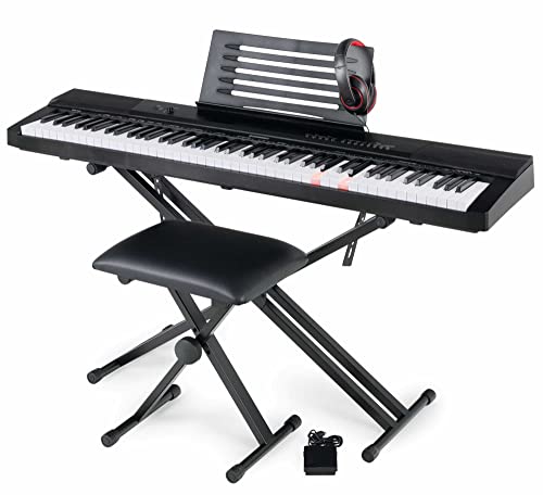 McGrey SK-88 Keyboard Super Kit - Einsteiger-Keyboard in Stagepiano-Optik mit 88 Leucht-Tasten - 146 Klänge - inklusive Sustain-Pedal, Keyboardständer, Hocker und Kopfhörer - schwarz
