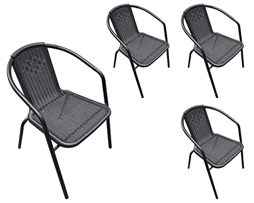 LC Garden Garvista 4er Stuhl Set Bistrostuhl Stapelstuhl, Gartenstuhl, Terassenstuhl, stapelbarer Armlehnstuhl mit Metallgestell in schwarz und Polyrattangeflecht