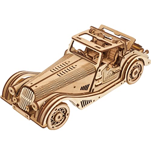 UGEARS Sportwagen Flinke Maus - 3D Holzpuzzle Auto - Modellbausatz Erwachsene - 3D Puzzle Auto Holzmodelle Bausätze - Modellbau Auto Cabrio Roadster Mit Dual-Motor Funktion