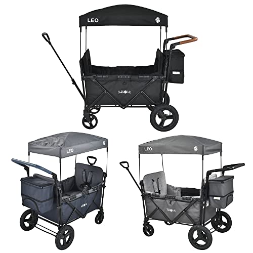 FableKids Bollerwagen Leo X2Plus mit Dach 2 Sitzplätze Faltbarer Transportwagen XXL-Hecktasche 5-Punkt-Gurt 360° Offroad Räder Fußbremse Oxford 600D Leinen Onyx Schwarz