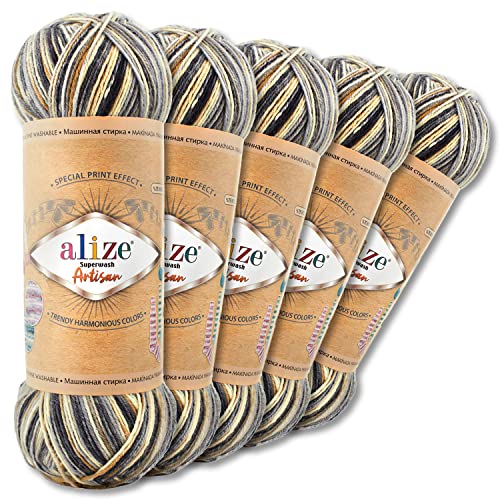 Wohnkult Alize 5 x 100 g Superwash Artisan Sockenwolle Premium 16 Auswahl Kontrast Häkeln Stricken (9005)