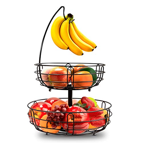 2 Stöckig Obstkorb Metall Draht - mit Bananenhalter, zeitgemäße Obstschale Gemüsekorb, Stehend Täglicher Küche Lagerung Früchtekorb (Schwarz)