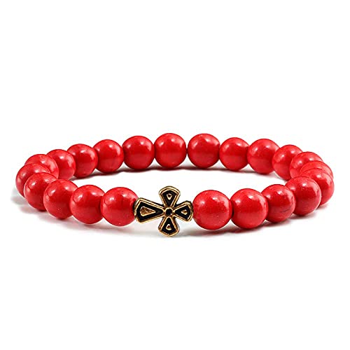 CAZARU Vintage Kreuz Naturstein Perlen Armband 8mm Rot Gelb Lava Vulkan Elastische Freundschaftsarmbänder BanglesforPerfects Geschenke，