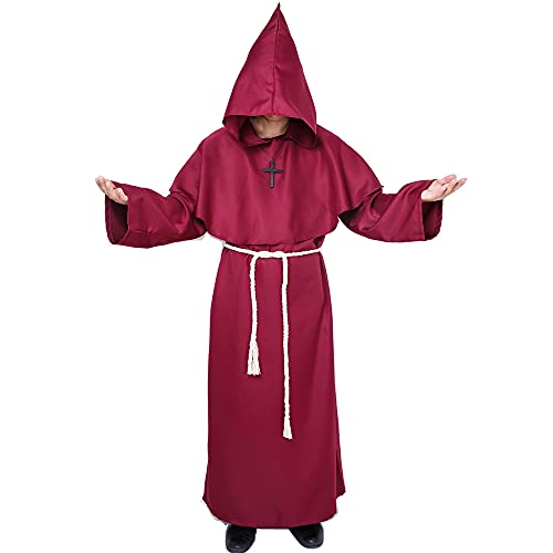 Myir JUN Mönch Robe Kostüm Mönch Priester Gewand Kostüm mit Kapuze Mittelalterliche Kapuze Herren Mönchskutte (Rot, XX-Large)