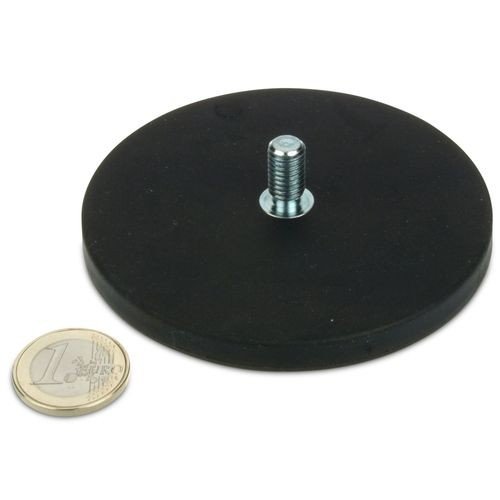 Magnetsystem Ø 88 mm gummiert mit Gewinde M8x15 - hält 55 kg, Gewindezapfen, Außengewinde, starker Halt durch Neodym-Magnete, anschrauben