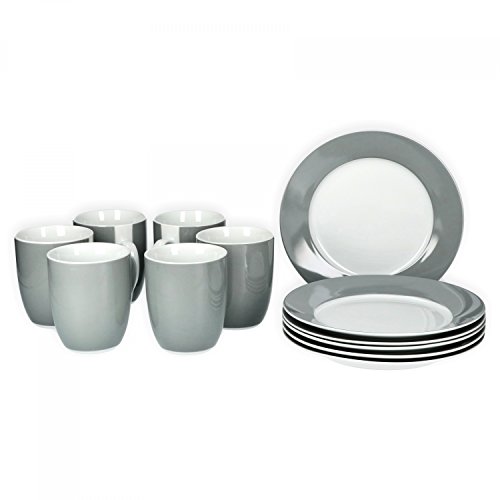 Van Well Frühstücksset 12-TLG. für 6 Personen Serie Vario Porzellan - Farbe wählbar, Farbe:grau