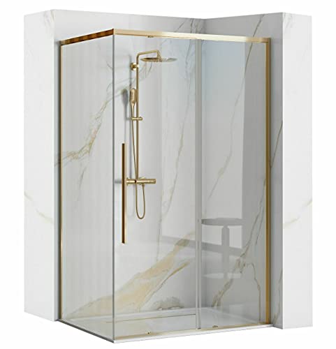 ECOLAM Dusche Duschkabine Eckdusche Gold Klarglas transparent 90 x 120 x Höhe 195 cm golden bodengleich easy-clean Schiebetür Rechteck