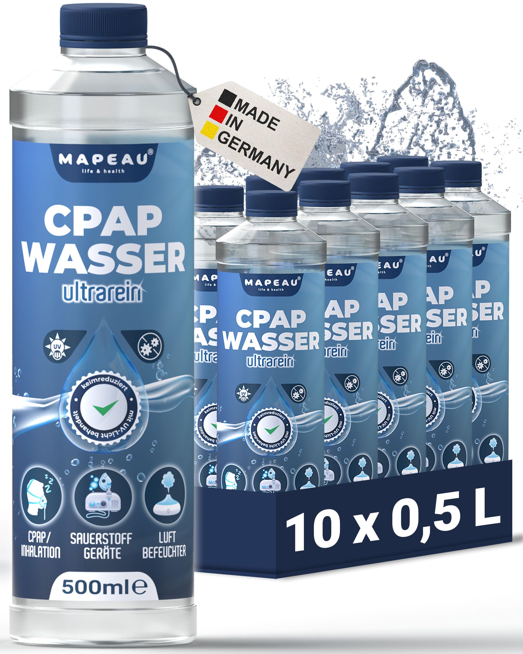 CPAP destilliertes Wasser für CPAP Gerät, keimreduziert Wasser für Sauerstoffgerät, Inhalator, Luftbefeuchter, Atemgas-Befeuchtung, Mapeau (10x 500ml)