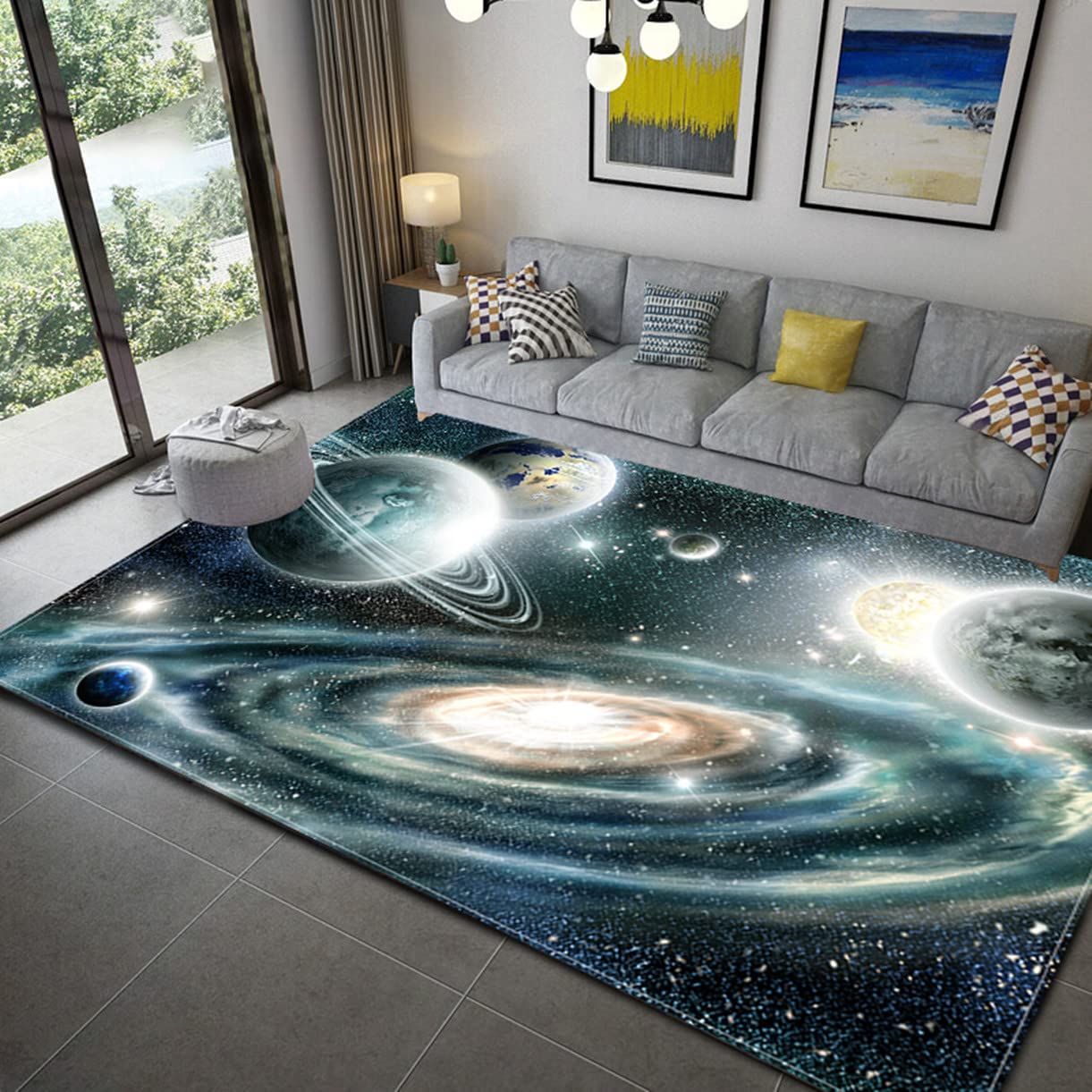 3D Galaxie Sternenhimmel Serie Wohnzimmer Teppich Cartoon Kind Spielteppich Weltraum Universum Planet Erde Matte Teenager Junge Mädchen Zimmer rutschfeste Flanell Teppiche (Grau,120x160 cm)