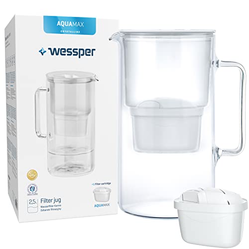 Wessper Glas-Wasserfilter Karaffe Kompatibel mit Brita-Wasserfilterkartuschen, Inklusive 1 Wasserfilter-Kartusche, Reduziert Kalk und Chlor, 2.5 Liter, Weiß
