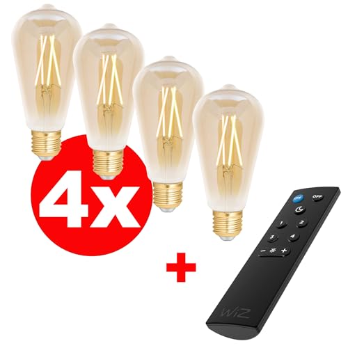 REV LED-Leuchtmittel WiZ, E27, 7W, 2.200-5.500K, WLAN, App-Steuerung, Alexa & Google-Assistant, 4er Set + Fernbedienung