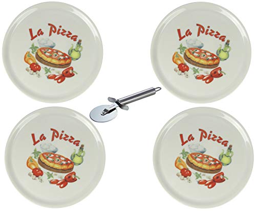 XXL Porzellan Pizzateller Speiseteller mit verschiedenen Motiven inkl. Edelstahl Pizzaschneider 4 Stück, La Pizza Ø31cm