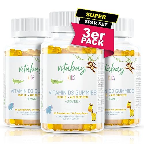 Vitabay Vitamin D3 Kinder - 180 VEGAN Vitamin D 3 1000 IE Vitamin Gummies - Kinder Vitamine Gummi Vitamin D Kinder Immunsystem stärken Kinder Vitamin D Gummibärchen Kinder Vitamin D3 D Vitamin Kinder