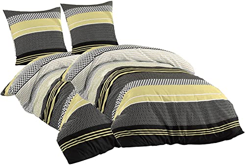 Sentidos Bettwäsche-Set 3-teilig Renforcé Baumwolle 200 x 200 cm cm mit Reißverschluss Bett-Bezug, 2 STK. 80x80 cm Kissen-Bezug Bett-Garnitur Gelb schwarz weiß (200x200 cm + 2 STK. 80x80 cm)