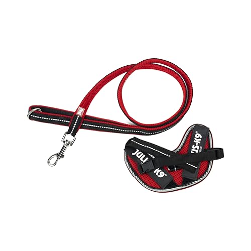 IDC Powair Bundle - IDC Powair Hundegeschirr, Größe: 2XS/Baby 2, Rot + IDC Powairleine, Größe: 1,2 m mit Schlaufe und mit kleinen Karabiner, Rot